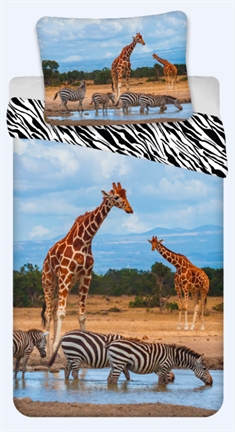 Sengetøj 140x200 cm - Giraf og zebra - 2 i 1 sengesæt - 100% Bomuld - Sengetøj børn